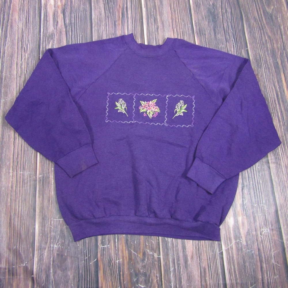 Vintage Fruit Of The Loom Womens Large Purple Sweater Sweatshirt Embroidered